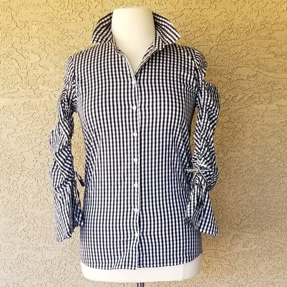 Calvin Klein Bell-Sleeve Gingham Blouse Size M - Picture 4 of 15